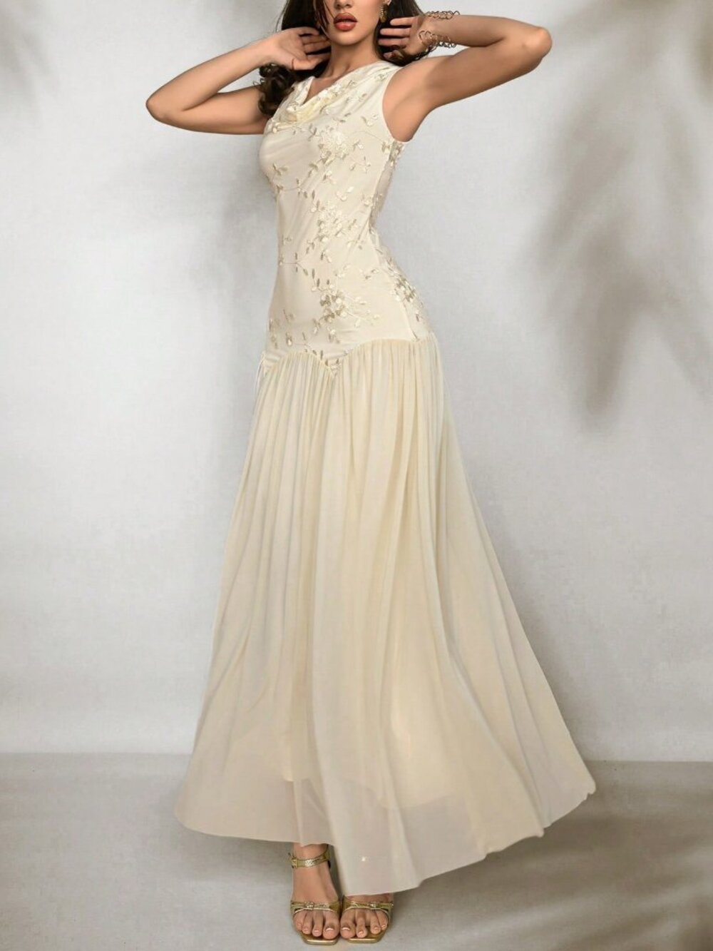 Apricot Elegant Women's Romantic Ruffle Embroidered Mesh Dress